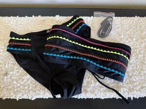 NWOT Popvil Two Piece Swim Black/Neon Embroidered Trim Convertible Straps M/L